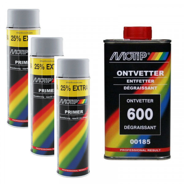 photo-Lot de 3 bombes de peinture - Apprêt - gris -  Motip + Dégraissant pour pièces automobile - Motip - Bidon de 500ml