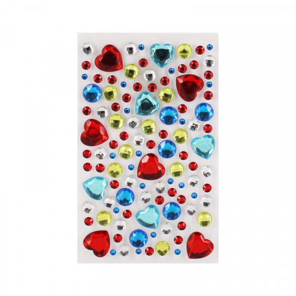 photo-Stickers - Strass adhésifs - Forme cœur - Couleur vives - 109 unités