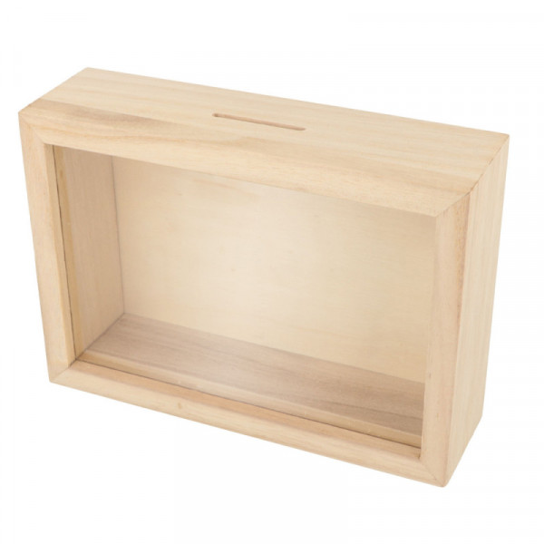 photo-Tirelire en bois - Personnalisable - Transparente - 17 x 12 x 5 cm - Bois naturel