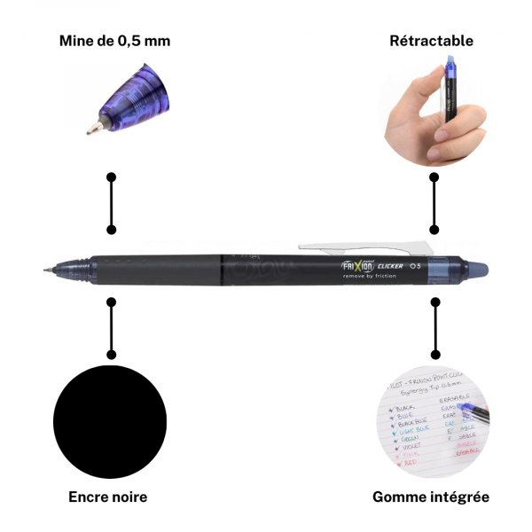 Stylo FriXion Pilot Point Clicker - Noir - Rétractable - Pointe fine 0,5 mm