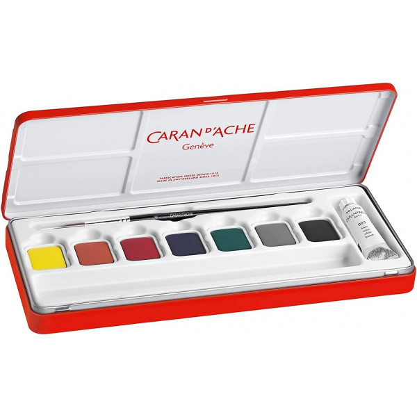 Peinture gouache - 7 pastilles de peinture - Caran d'Ache Studio - Pinceau inclus