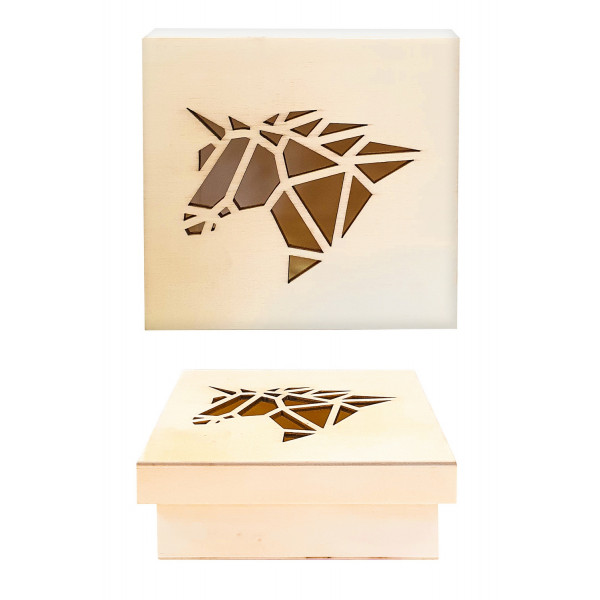Boîte en bois - Avec couvercle - Licorne - 11,3 x 11,3 x 5 cm - CTOP