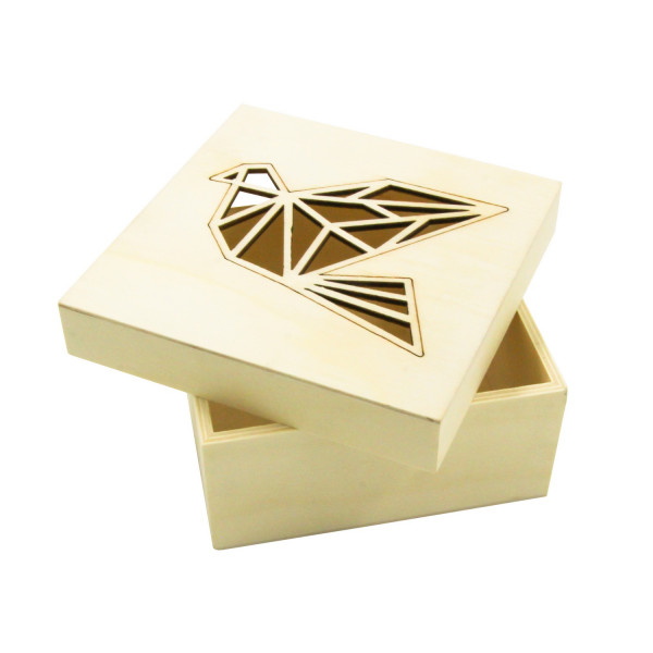 photo-Boîte en bois - Avec couvercle - Oiseau origami - 11,3 x 11,3 x 5 cm - CTOP