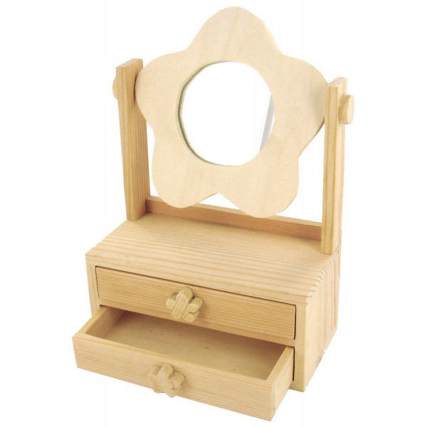 photo-Petite coiffeuse - Miroir en forme de fleur - 2 tiroirs - Bois naturel à personnaliser