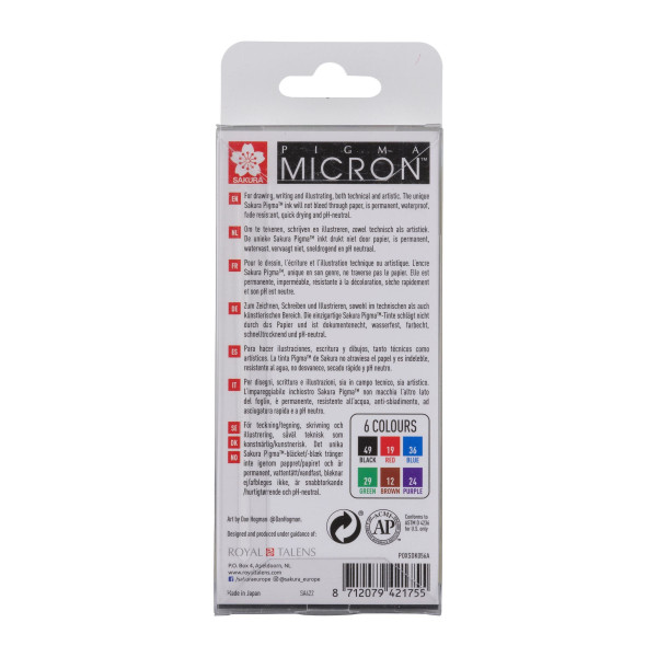 6 feutres - 0,45mm - Dessin - Esquisse - Manga - Plusieurs couleurs - Sakura - Pigma Micron