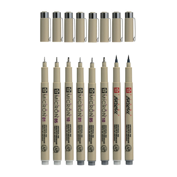 8 feutres - Gris - Dessin - Esquisse - Manga - Plusieurs mines - Sakura - Pigma Micron