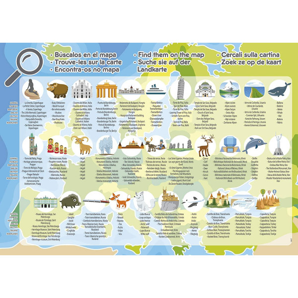 Puzzle - Carte de l'Europe - Animaux - Monuments - Jeu éducatif - 150 pièces - Dès 6 ans