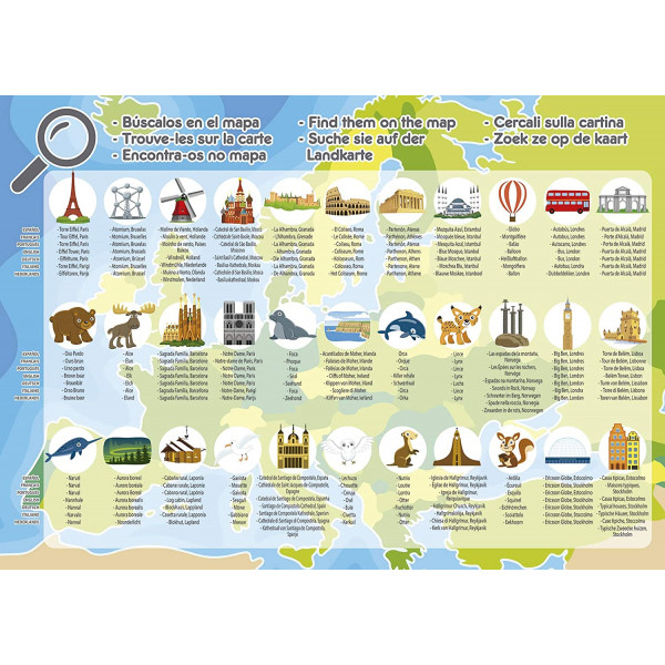 Puzzle - Carte de l'Europe - Animaux - Monuments - Jeu éducatif - 150 pièces - Dès 6 ans