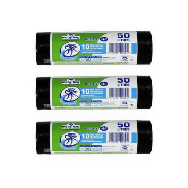 photo-Lot de sacs poubelle - 3 x 50 litres - Avec liens de fermeture - Sachet de 10 sacs