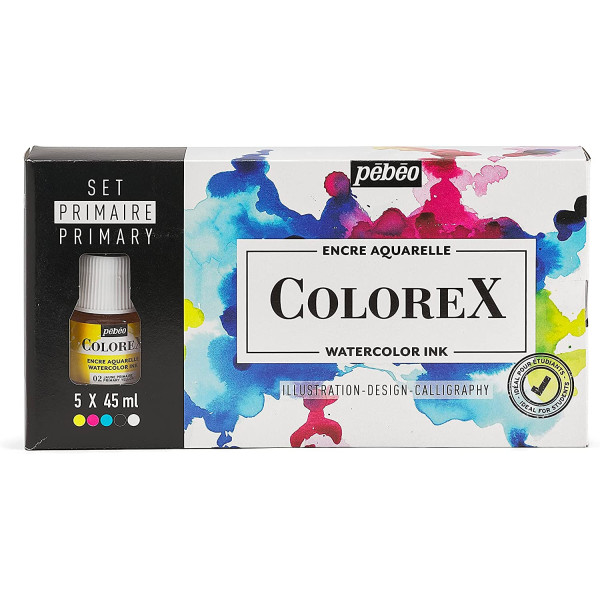 photo-Encre aquarelle - Pébéo - Colorex - 5 flacons de 45 ml - Couleurs primaires