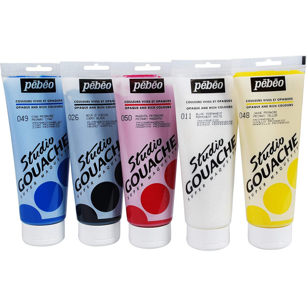 photo-Tubes de peinture gouache - Beaux-arts - Couleurs primaires - Pébéo - Studio - 5x100ml