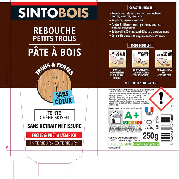 Tube de pâte à bois - Pour reboucher trous fentes fissures - Teinte bois foncé - Sans odeur - 250G
