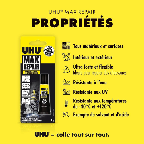Colle - Extra forte - Tous matériaux - Intérieur et extérieur - UHU - Max Repair Power - Tube de 8g