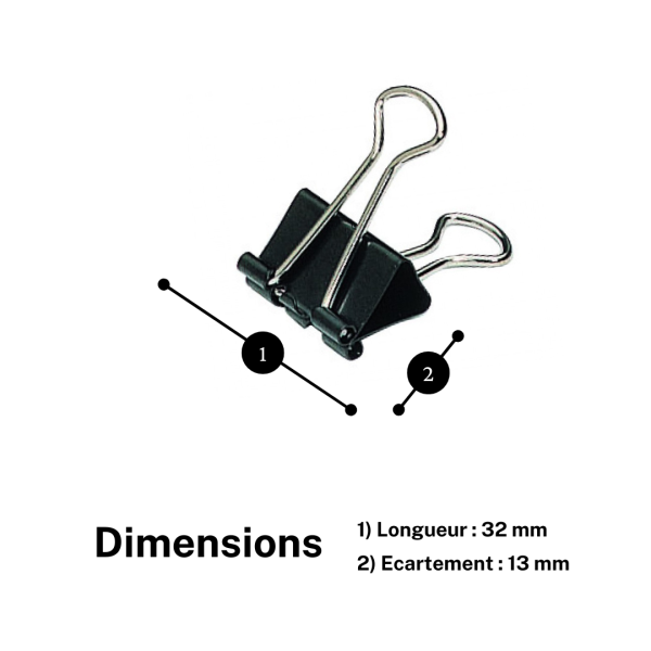 Boîte de 12 pinces à clips - 32mm - Noir - Métal