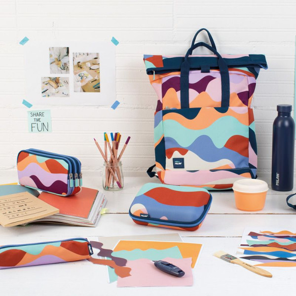 Trousse - Scolaire - Rectangulaire  - 3 compartiments - 22x11x6,5cm - Bleu, orange et vert