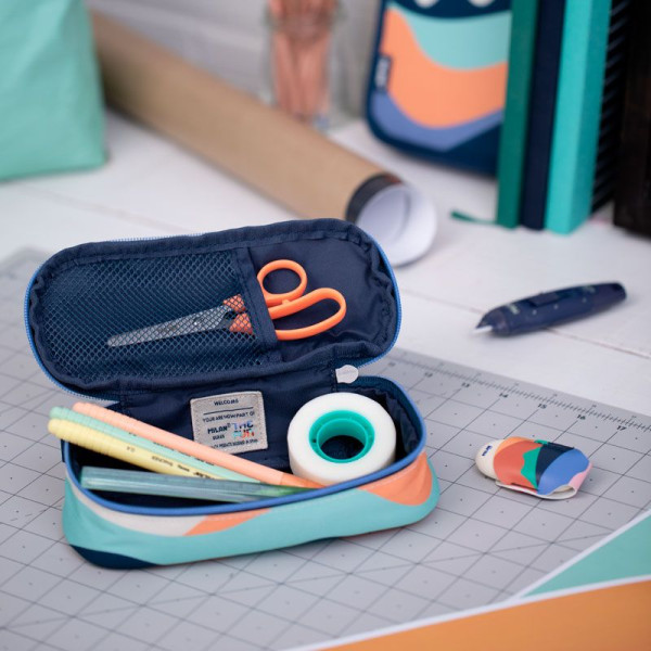 Trousse - Scolaire - Ovale - Avec rangement - 20,5x9x5,5 cm - Bleu, orange et vert