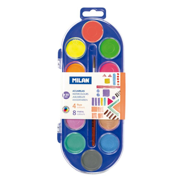 photo-Boîte de peinture à l'eau - 12 couleurs - Couleurs fluos et métallisées - Pinceau inclus