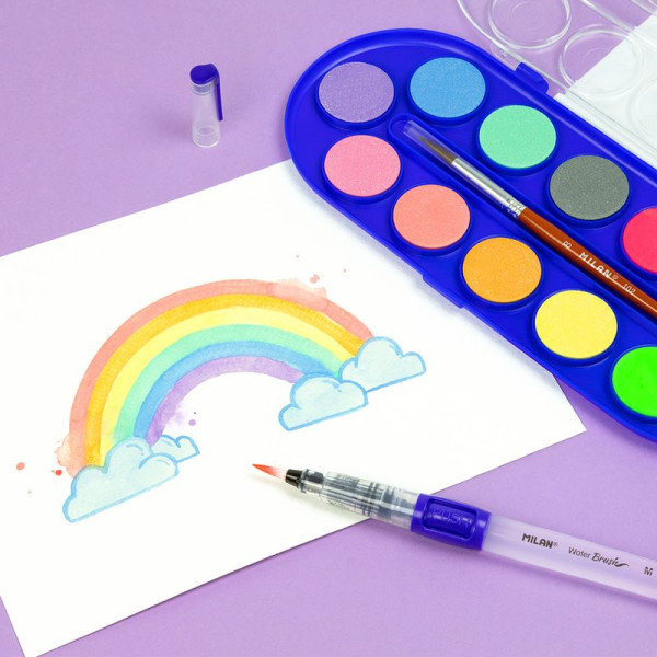 Boîte de peinture à l'eau - 12 couleurs - Couleurs fluos et métallisées - Pinceau inclus