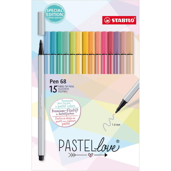 photo-Etui carton de 15 feutres dessin STABILO Pen 68 Pastellove - coloris pastel