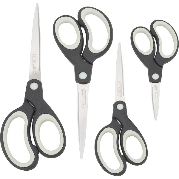 photo-Lot de 4 paires de ciseaux - Différentes tailles - Lames acier - Poignées souples - Rapesco