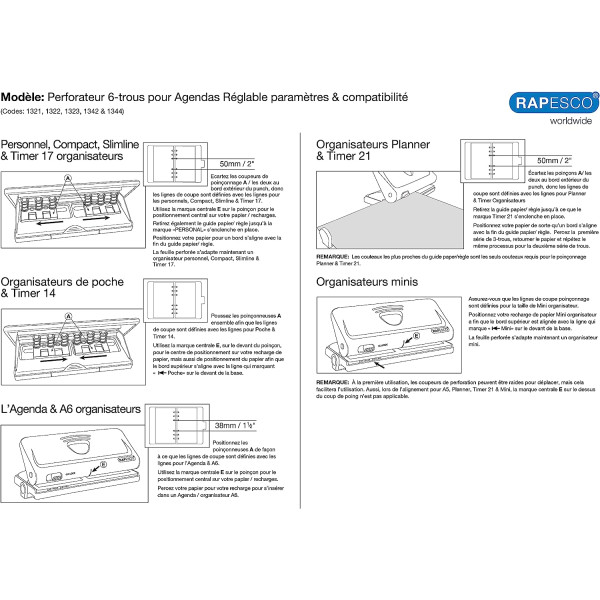 Perforateur - Perforatrice - 6 trous - Convient pour agendas, format A5 et A6 - Rapesco