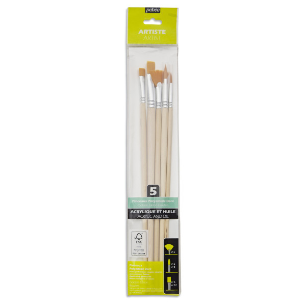 5 pinceaux - Plat - Rond - Eventail - Acrylique et huile - Manche long - Pébéo