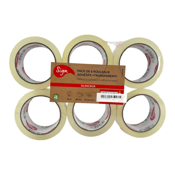 photo-6 rouleaux rubans adhésifs - Transparent - Silencieux - 66m x 48mm - 50 microns