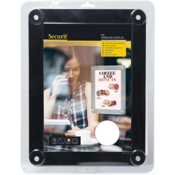 photo-Porte affiche - A4 - Pour vitrine - 36 x 27 cm - 2 faces visibles - 4 ventouses - Securit