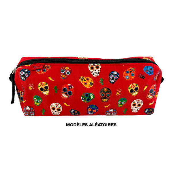Trousse - Scolaire - Noir - Rouge - Motifs Mexico - Fermeture éclair - 22x8x8cm