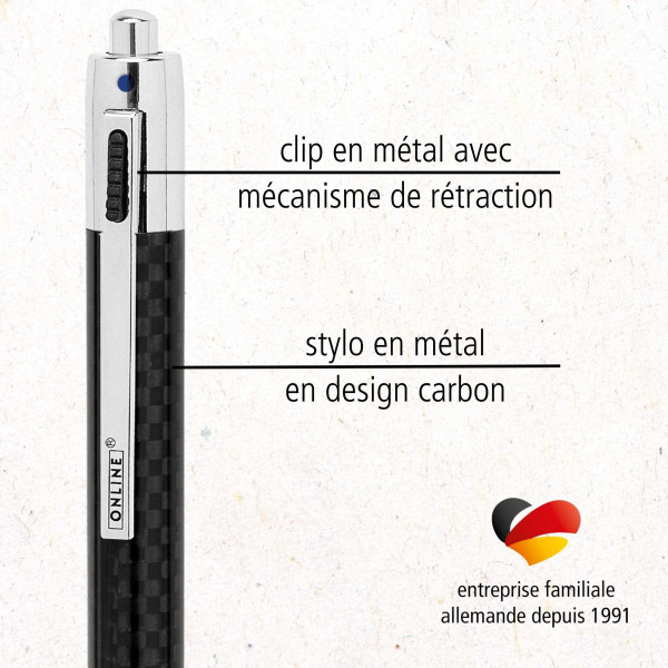 Stylo à bille - 4 couleurs - Rétractable - Carbone noir - Pointe moyenne - Avec étui - ONLINE