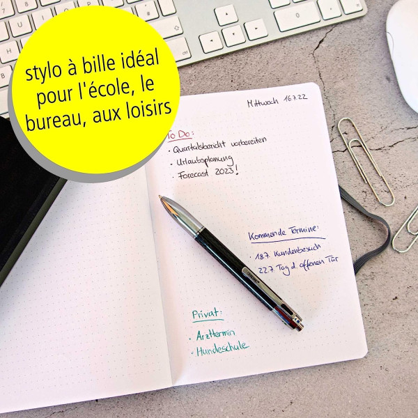 Stylo à bille - 4 couleurs - Rétractable - Carbone noir - Pointe moyenne - Avec étui - ONLINE
