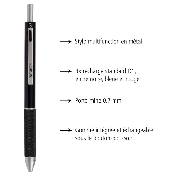 Stylo à bille - 3 couleurs + mine graphite - Embout gomme - Métal noir - ONLINE