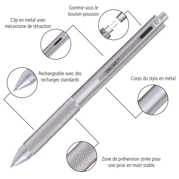 Stylo à bille - 3 couleurs + mine graphite - Embout gomme - Métal noir - ONLINE