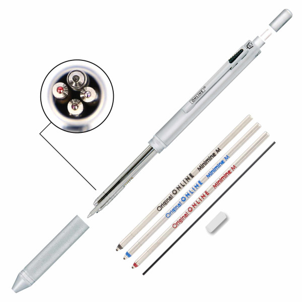 Stylo à bille - 3 couleurs + mine graphite - Embout gomme - Métal noir - ONLINE