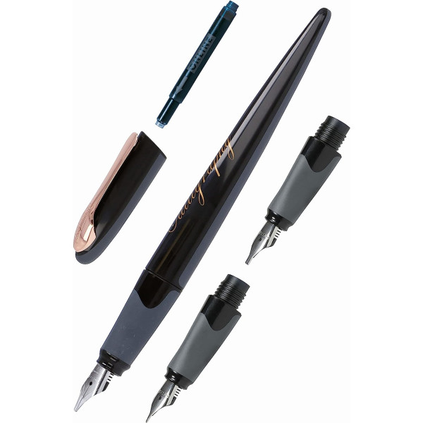 photo-Stylo plume - Calligraphie - 3 plumes différentes - Rechargeable - ONLINE - Air Noir/Rose
