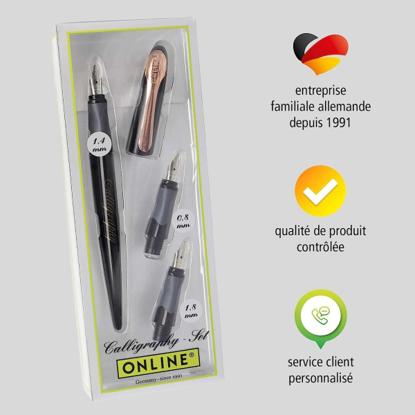 Stylo plume - Calligraphie - 3 plumes différentes - Rechargeable - ONLINE - Air Noir/Rose