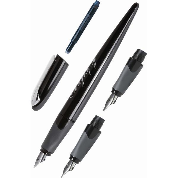 photo-Stylo plume - Calligraphie - 3 plumes différentes - Rechargeable - ONLINE - Air Noir/Argent