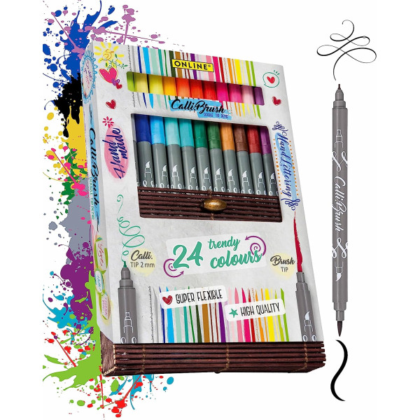 photo-Feutres - Double pointe - Calligraphie - 24 couleurs - Boîte en bambou - ONLINE - Calli.Brush