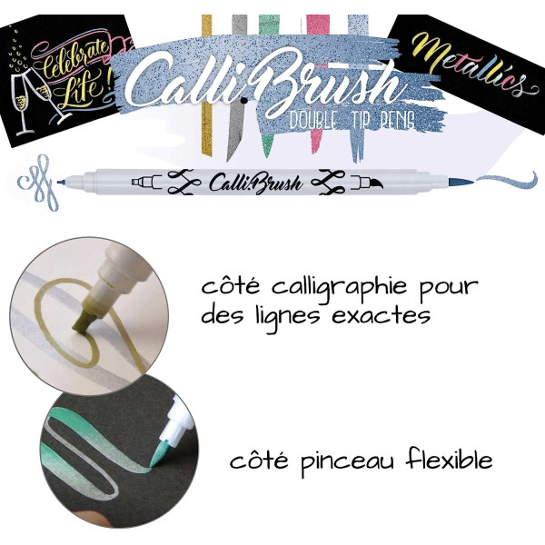 Feutres - Double pointe - Calligraphie - 5 couleurs métalliques - Boîte en bambou - ONLINE - Calli.Brush