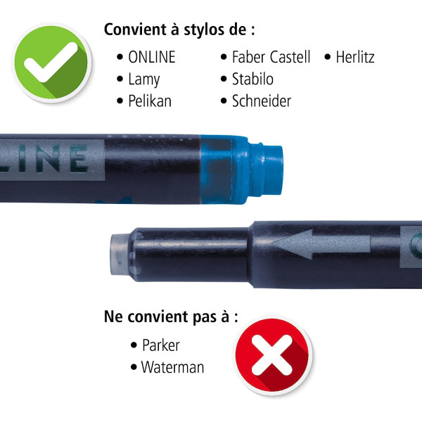 Cartouches d'encre - Longue - Pour stylo plume et roller - Noir - Rouge - Vert - Violet