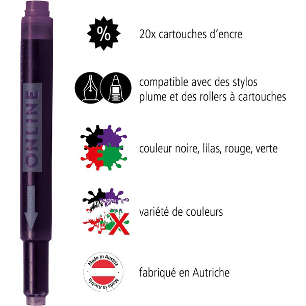 Cartouches d'encre - Longue - Pour stylo plume et roller - Noir - Bleu - Turquoise - Orange - Rose
