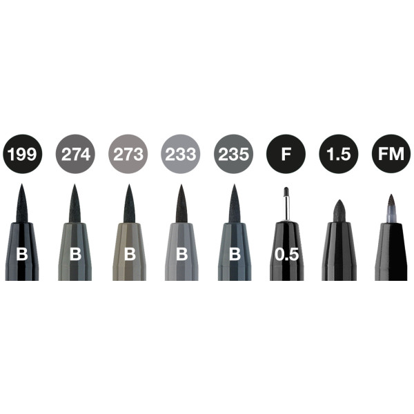 Feutres à dessin - Faber-Castell - Pitt Artist Pen - Noir - Gris - Pochette de 8