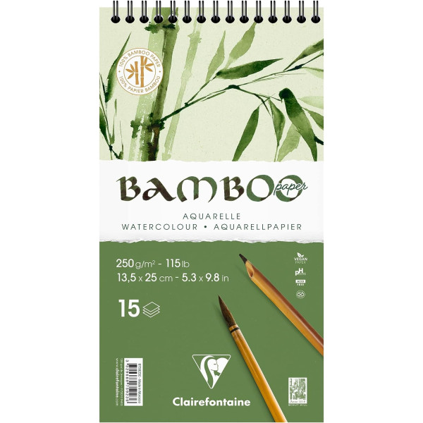 photo-Carnet - Aquarelle - 13,5 x 25 cm - Spirale - 15 feuilles - Clairefontaine - Bamboo