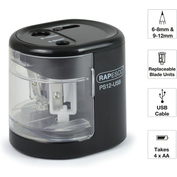Taille-crayons électrique - Prise USB - Noir - Pour crayons de bois - Rapesco