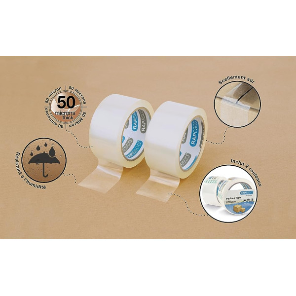 Ruban adhésif - Emballage - Transparent - 50mmx60m - Résistant - Lot de 2