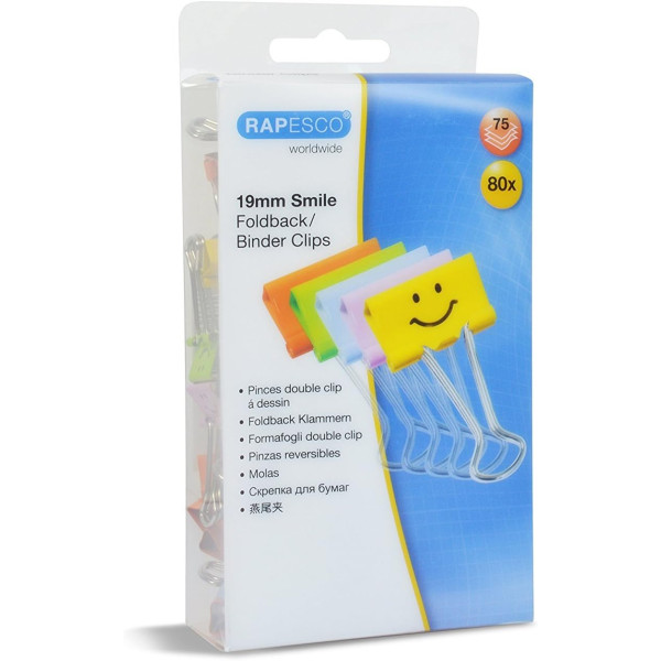 Pinces à clip - Métal - Couleurs assortis - Avec smiley - Boîte de 80 - Rapesco