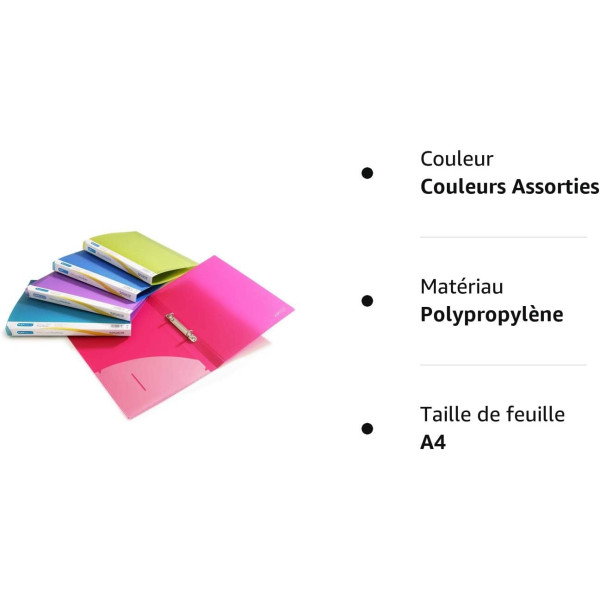 Classeurs - A4 - 2 anneaux - Dos 15mm - Polypro - Souple - Lot de 10 - Couleurs vives