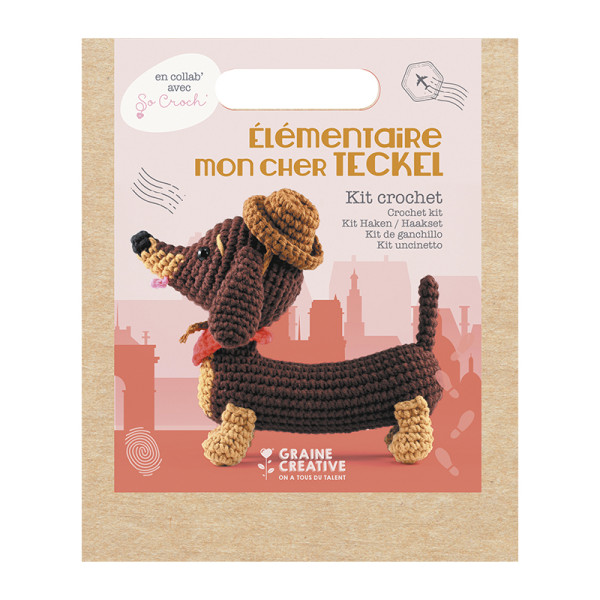 photo-Kit créatif - Crée un amigurumi en crochet - Chien teckel - Accessoires inclus