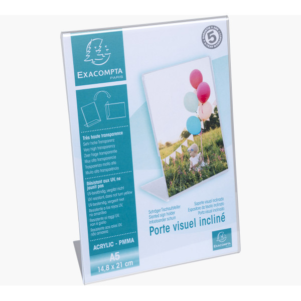 Porte-visuel - Présentoir - A5 - Incliné - Transparent - Pour photo, menu, document