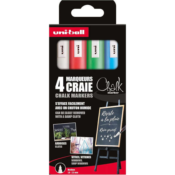 photo-4 marqueurs - Craie - Effaçable - Pointe moyenne - Chalk - Uni-Ball - 4 couleurs